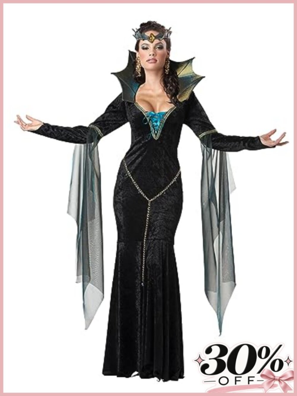Evil Sorceress Costume Dress Headpiece Belt 3/4 Sleeve Adult